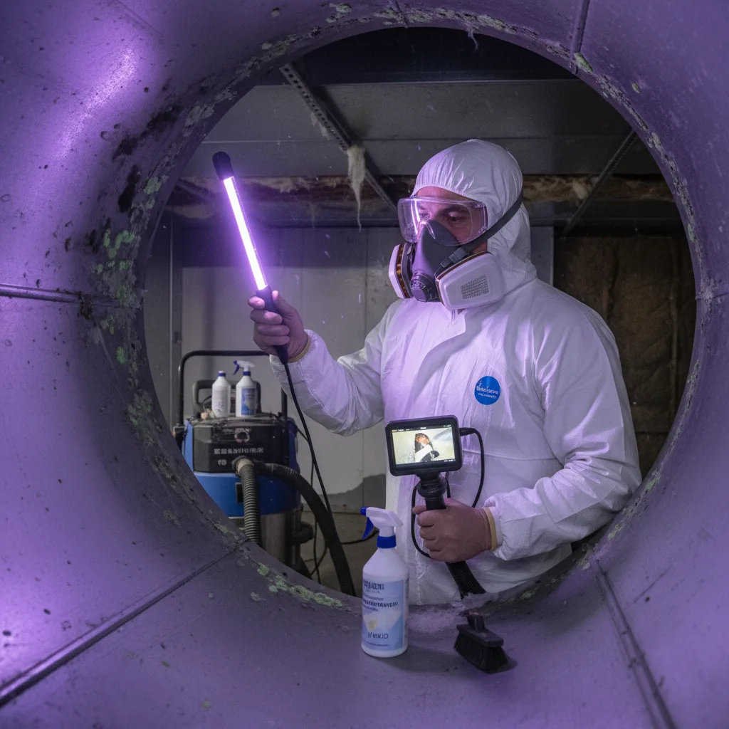 Air duct mold remediation specialist treating HVAC ductwork