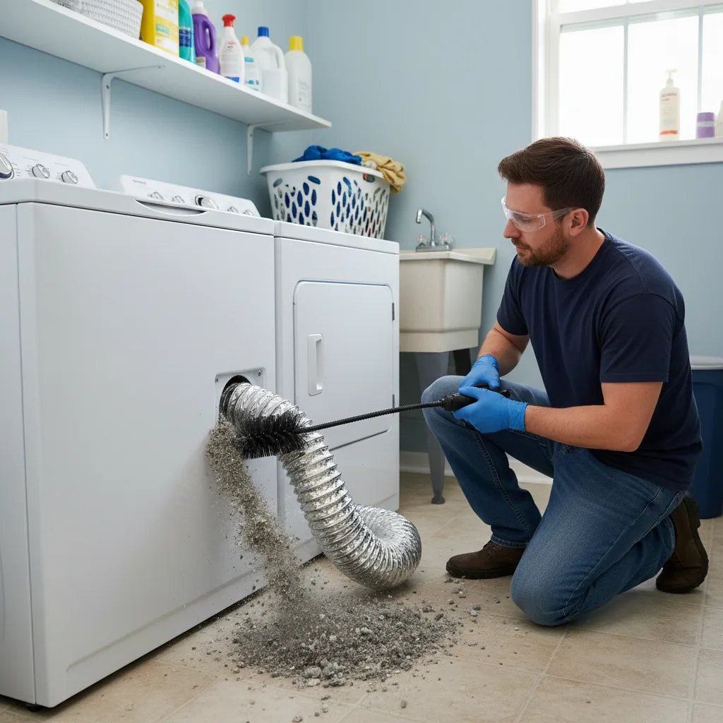 Dryer vent cleaning service technician removing lint buildup